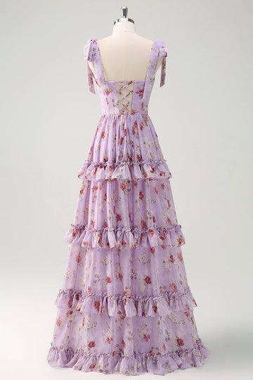 Grå lilla A Line Tiered Ruffled Print Floral Brudepigekjole